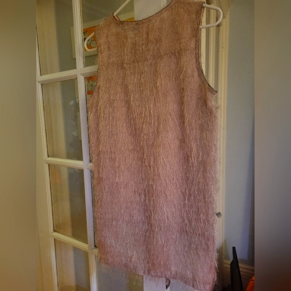 Feathery light pink high/low Top with jewel lining at the neck and sleeves.